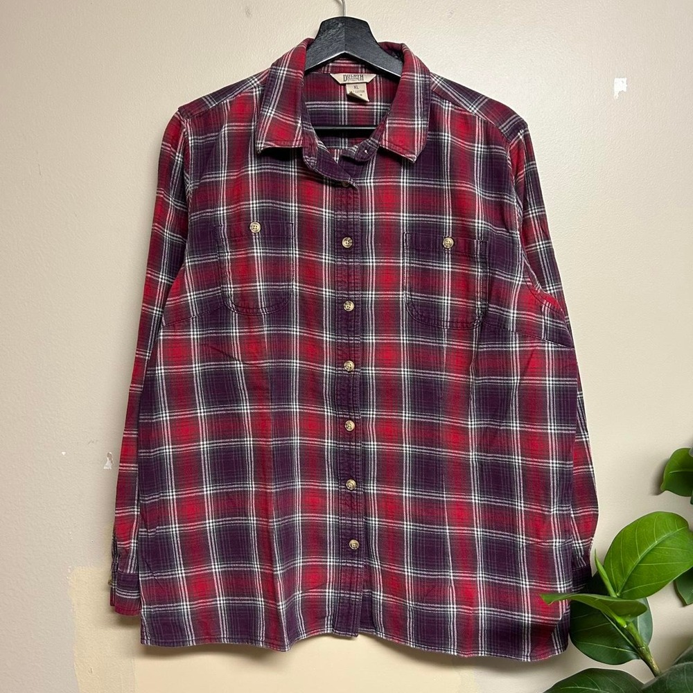 Duluth Trading Co Red Burgundy Plaid Flannel Shirt Womens XL Long Sleeve Cotton